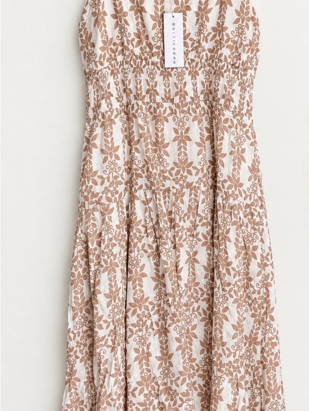 Baltic Born Strapless Floral Tiered Midi Dress in Tan and White